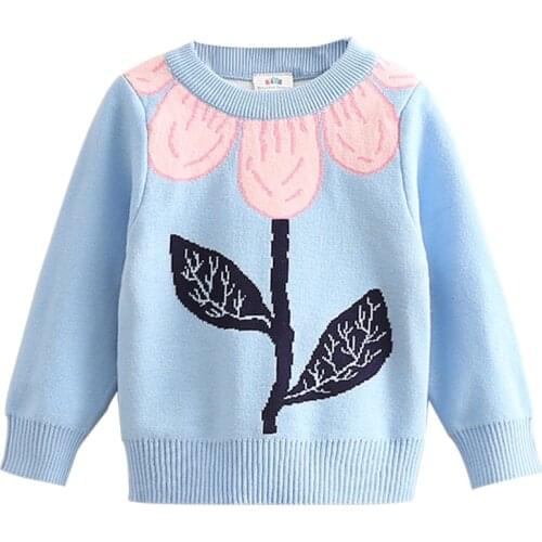 2020 Autumn Winter 3 4 6 8 10 Year Clothing O-Neck Cartoon Big Flower Floral Knitted Cotton Pullover Sweater For Kids Baby Girls