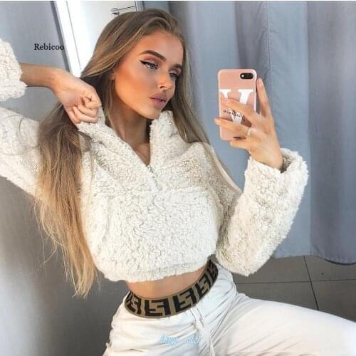 Spring Autumn long sleeve zipper pocket patchwork Faux lambswool crop tops autumn winter women streetwear solid coat jacket