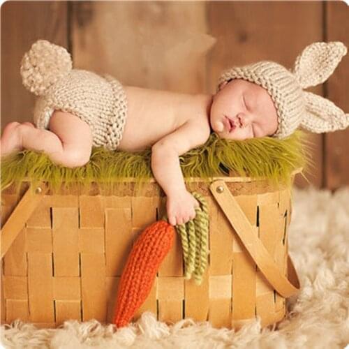 Crochet Knit Baby Costume Newborn Photography Props Romper Set Hat Photo Studio Shoot Clothes Outfit Bunny Carrot Accessories