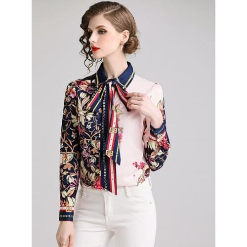 Women Runway Shirts Fashion Elegant Bow Tie Collar Flower Print Long Sleeve Blouse Shirt Ladies Workwear Office Tops M-XXL