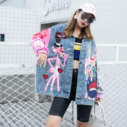 Blue Women Denim Jacket Coat 2021 Women Pink Panther Jacket With Sequin Women Single Breasted Loose Coat X133