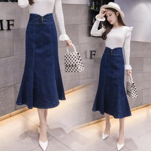 Vintage Fishtail Denim Skirt 2021 Female New Plus Size S-3XL High Waist Slim Fit Bodycon Skirt Ladies Midi Jeans Saias w82