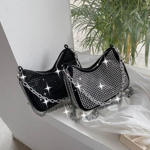 Ladies Fashion Metal Chain Crystal Diamond Dating Party Bag Detachable Shoulder Strap Travel Beach Shoulder Baguette Wallet Bag