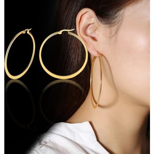 Women Female Lady Simple Big Circle Hoop Earrings Simple High Polished Stainless Steel Round Ear Jewelry Gifts for Her