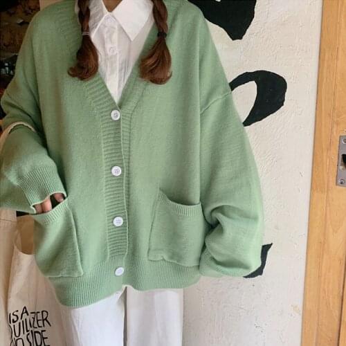 Women Knitted Cardigan 2020 Autumn Winter Clothes Korean Loose Ins Single-breasted V Neck Lazy Wind Sweater Coat Femme Tops Z371