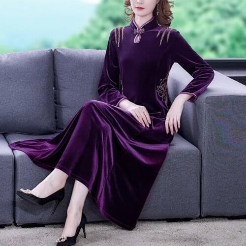 Autumn Red Velvet Long Sleeve Maxi Dress Spring Chinese Style Vintage Black Casual Midi Dress 2021 Women Evening Party Vestidos