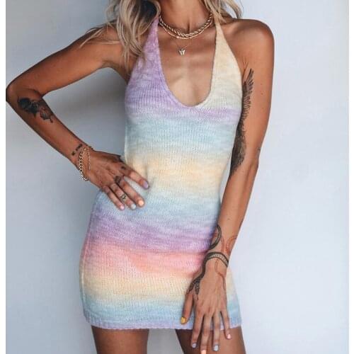2021 Beach Rainbow Striped Knitted Dress Backless Halter Bodycon Sleeveless Summer Chic Women Dresses Y2K Aesthetic Clothes
