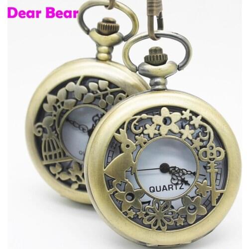 1065) Vintage Bronze Alice in Wonderland Rabbit & Key Pocket Watch Necklace, 12pcs/lot, free ship