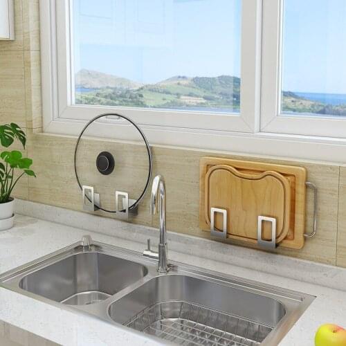 2pcs Stainless Steel Cutting Board Storage Rack Space Saving Wall Mounted Pot Lid Holder Sink Organizer Kitchen Shelf