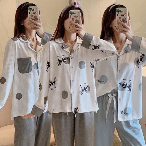 2021 Spring Autumn Long Sleeve Cotton Pajama Sets for Women Cute Cartoon Cow Sleepwear Suit Pyjama Homewear Pijama Mujer Clothes