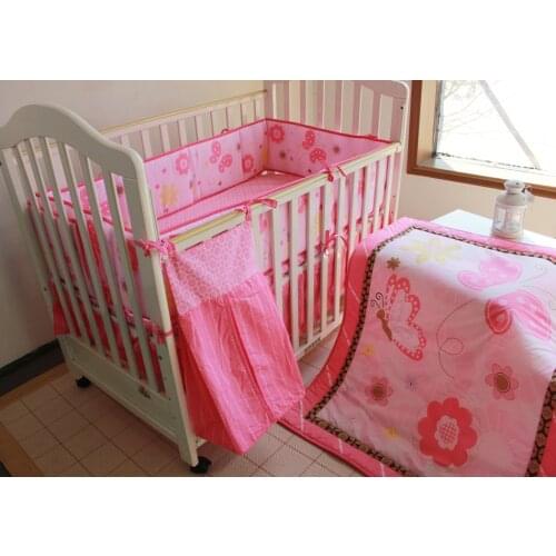 5pcs embroidered Baby Crib Bedding Set Cartoon Baby Bed Linen tour de lit bébé (4bumper+duvet+bed cover+bed skirt+diaper bag)