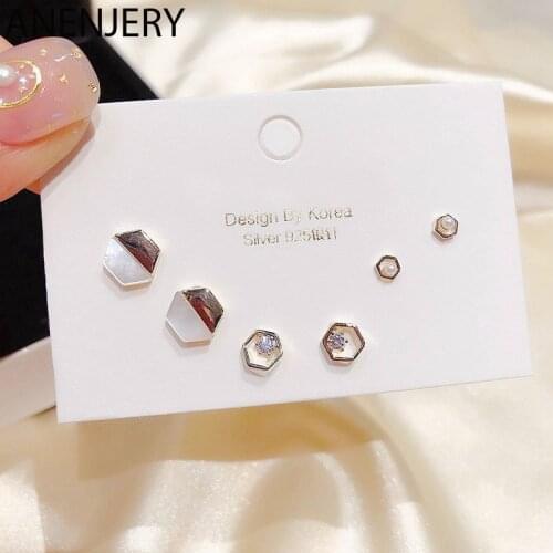 ANENJERY Dainty Shell Micro Inlaid Zircon Geometric Small Stud Earrings Set Gold Silver Color 6-piece Sets