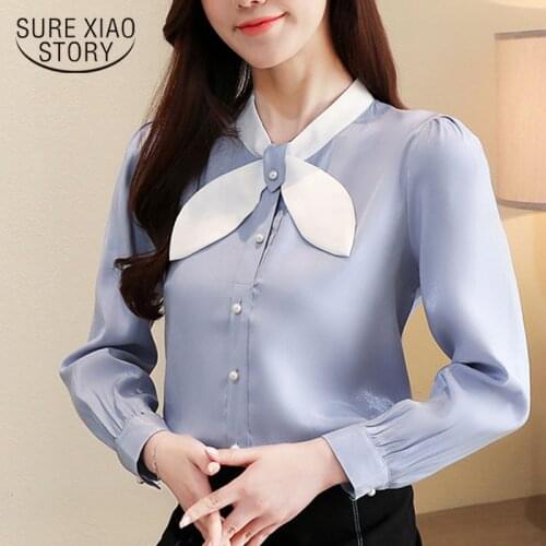 Blouses Women 2021 Spring Chiffon Shirts Solid Tops Office Lady Busas Elegantes Ladies Tops Bow Button Long Sleeve Top 8271 50