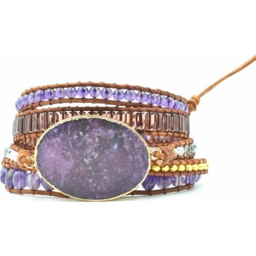JoursNeige Boho Bracelets Ocean Natural Stone Purple Crystal Retro Leather Wrap Bracelets Handmade Bohemian Bracelets Jewelry