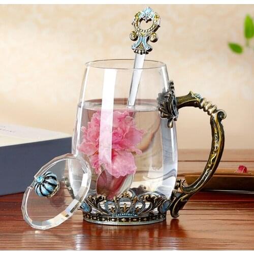 Retro Enamel Color Water Cup Flower Tea Cups Personality Palace Crystal Glass with Lid Spoon Coffee Mug Set Drinking Utensils
