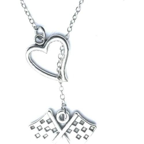 Checkered Flag Necklace For Women I Love Racing Heart Lariat Style Y Pendant Necklace Bohemian Choker Necklace Friendship Gift