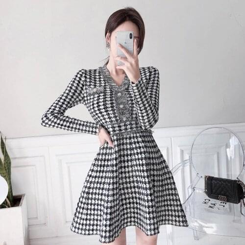 Famous Womens Dresses New Arrival 2020 Winter Fall Long Sleeve Corset Houndstooth Blue Black A Line Mini Knitted Dress for Women