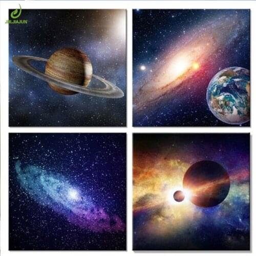 JHLJIAJUN 4 Piece Universe Planet Painting Modual Canvas DecorationModular Picture Art Decorative Nordic Bedroom Decor Painting