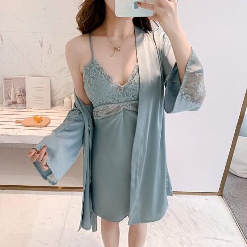 Summer Women Sexy 2PCS Nighty&Robe Set Sleepwear Silky Satin Kimono Gown Lace Lingerie Nightdress Soft Nightgown Home Clothes