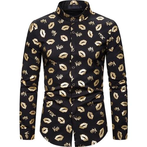 Mens Sexy Lips Gold Pattern Dress Shirts 2020 Brand Mandarin Collar Long Sleeve Shirt Men Party Wedding Club Camisa Social XXL