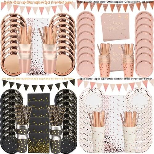 Birthday Decorations Disposable Tableware Set Paper Straws Cups Plates Banner Napkins Boy Girl Kids Adult Birthday Party Decor