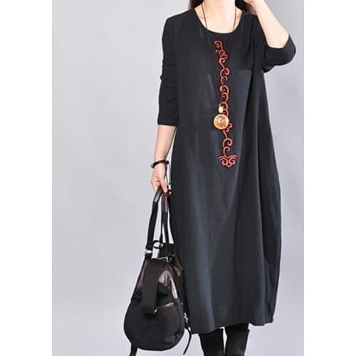 2021 New Arrival Long Sleeve Autumn Dress Cotton Linen Vintage Office Lady OL Work Dress Plus Size Women Casual Spring Dress