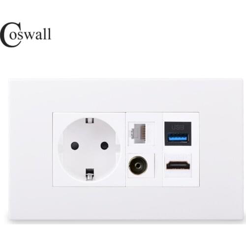 Coswall PC Panel EU Wall Power Socket + TV & CAT6 RJ45 Internet Jack + Female to Female HDMI-compatible 2.0 & USB 3.0 Connector