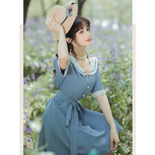 French Retro Navy Collar College Dress Women Summer 2021 Mori Girls Elegant and Chic Single-breasted Blue Gentle Cute Vestido