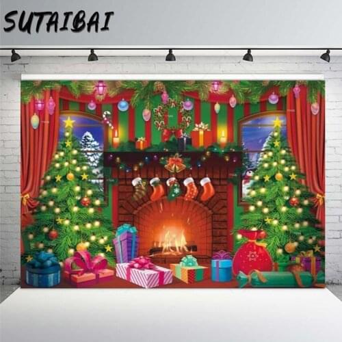 Christmas Backdrop Stock Gift Tree Fireplace Red Curtain Party Supplies Decoration Portrait Photo Background Photographic Studio