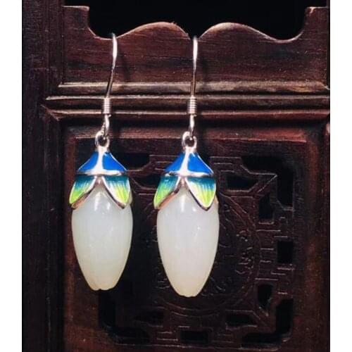 Natural 925 Silver Hetian White Jade With Magnolia Flower Drop Earings Fashion Jewelry Gemstone Earrings For Women Part