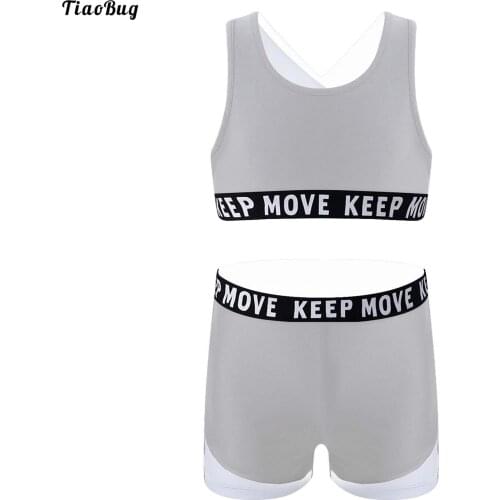 TiaoBug 2Pcs Kids Girls Sport Suit U Neck Sleeveless Letter Print Crop Tops And Shorts Set For Gym Yoga Dance Cycling Fitness