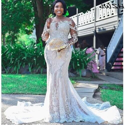 African Plus Size Wedding Dresses Sheer Neck Backless Bridal Dresses Beads Long Sleeves Lace Mermaid Wedding Gown Robe De Mariee