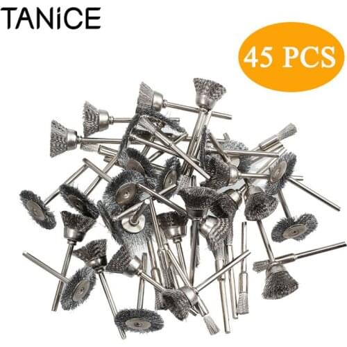 TANiCE 45 Pcs Stainless Steel Wire Brush Wheel 5mm 15mm 25mm Wire Cup Mix Brush Set For Dremel Rotary Tool Accessory