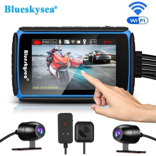 Blueskysea DV988 Motorcycle WiFi Dash Camera with Touch Screen 1080P Dual Lens Moto DVR Waterproof Smart 24h Parking Monitoring