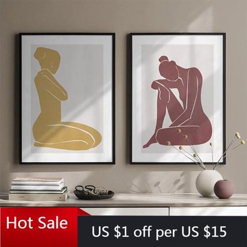 Yellow And Red Abstract Woman Body Art Canvas Painting Posters And Prints Line Wall Decor Pictures For Aesthetic Room Decor