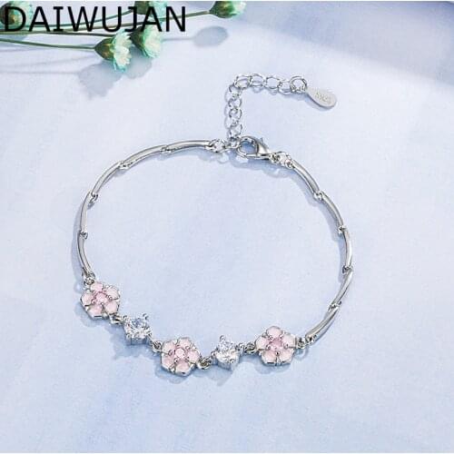 DAIWUJAN Sweet Pink Cherry Blossom Bracelets For Women Girls Big Zircon 925 Silver Flower Bracelet Birthday Valentines Day Gift