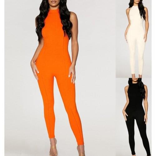 Sports Jumpsuit Solid Color Patchwork Summer Stand Collar Sleeveless Jumpsuit Streetwear Activity Wear Fitness Outfit Female