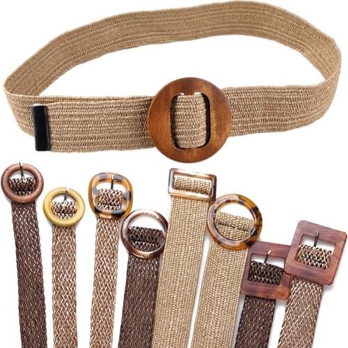 2021 Summer Trendy Women Crochet Vintage Belt Wood Buckle Retro Linen Knitting Belt Summer Dress Belt