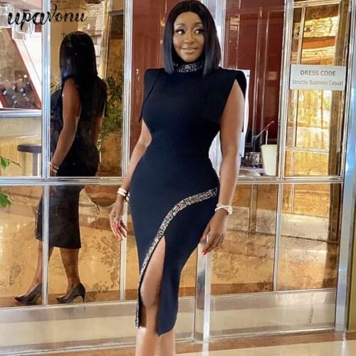 Free Shipping 2021 New Women Bandage Dress Midi Sexy Stand Collar Short Sleeve Bodycon Split Dress Celebrity Club Party Vestidos