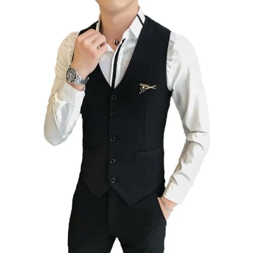 Vest man business fashion mens waistcoat black slim fit classic formal suit vest men koream style solid sleevess vests dress