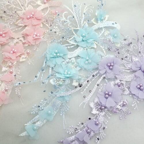 5 Pcs 3D Chiffon Flower Lace Appliques Pearl Bead Embroidered Gown Applique Sew Patches For Wedding Decoration Bridal Dress DIY