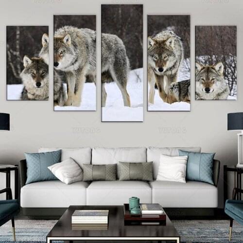 HD Printed 5 piece canvas art wolf snow wild animal painting for living room home decoration wall art poster framed
