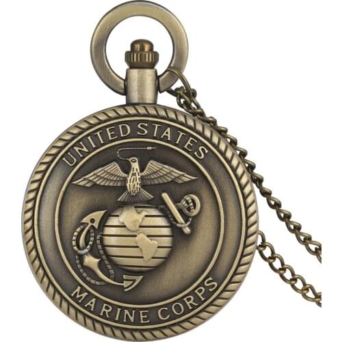 Bronze Retro United States Marine Corps Pocket Watches Military Necklace Pendant Fob Chain Antique Clock Hours Gifts Men Women
