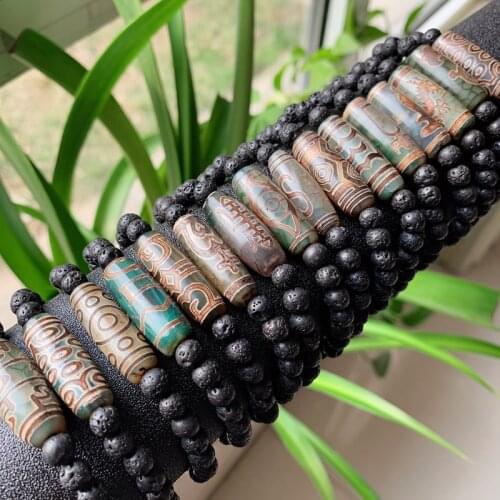 Energy Natural Black Lava Tibetan Dzi Agates Stone Bracelet Buddha Jewelry Ruyi Dragon Nine Eye Dzi Bracelet Healing Men Women