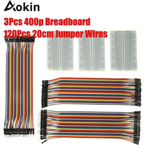 3 Pieces 400 pin Breadboards Kit with 120 Pieces 20cm Jumper Wires Male Female Male for Arduino Raspberry Pi