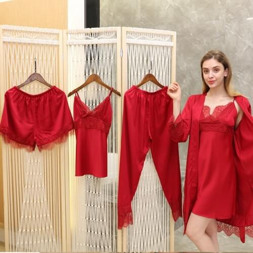 5 Pcs Suit Women Pajamas Ice Silk Sexy Sling Cardigan Pant Set Lace With Chest Pad Sleepwear