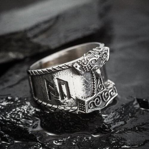Vintage Viking Rune Stainless Steel Ring For Men Mjolnir Thor Hammer Nordic Rings Mens Retro Norse Amulet Jewelry Gift