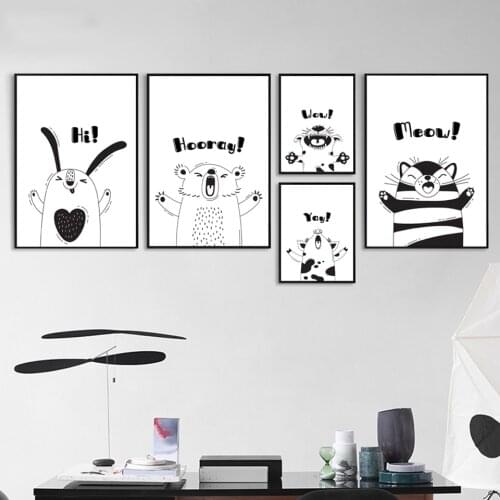 Wall Art Canvas Painting Prints Poster Pictures Home Decor Nordic Black White Modular Animal Bear Panda Dog Fox Living Room