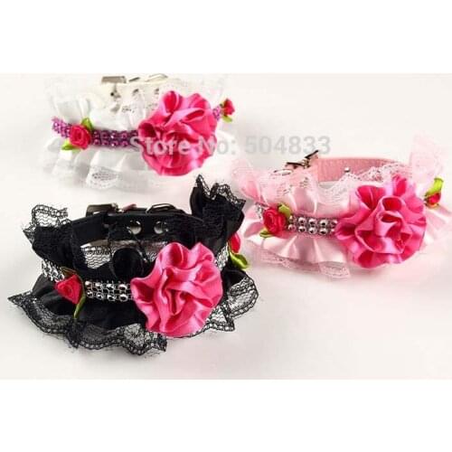 Big Bow Dog Collar Bling Pets Pu Collars Luxury Dogs Lace Grooming Flowers 3Colors S M