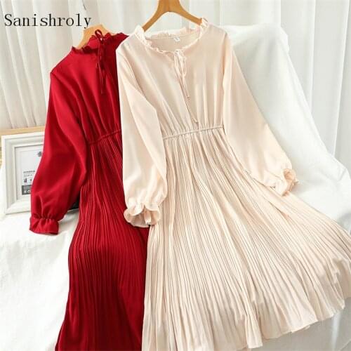 Sanishroly Vintage Long Pleated Dress Women Elastic High Waist Tie Bow Chiffon Dresses Female Long Sleeve A-line Dress Vestidos